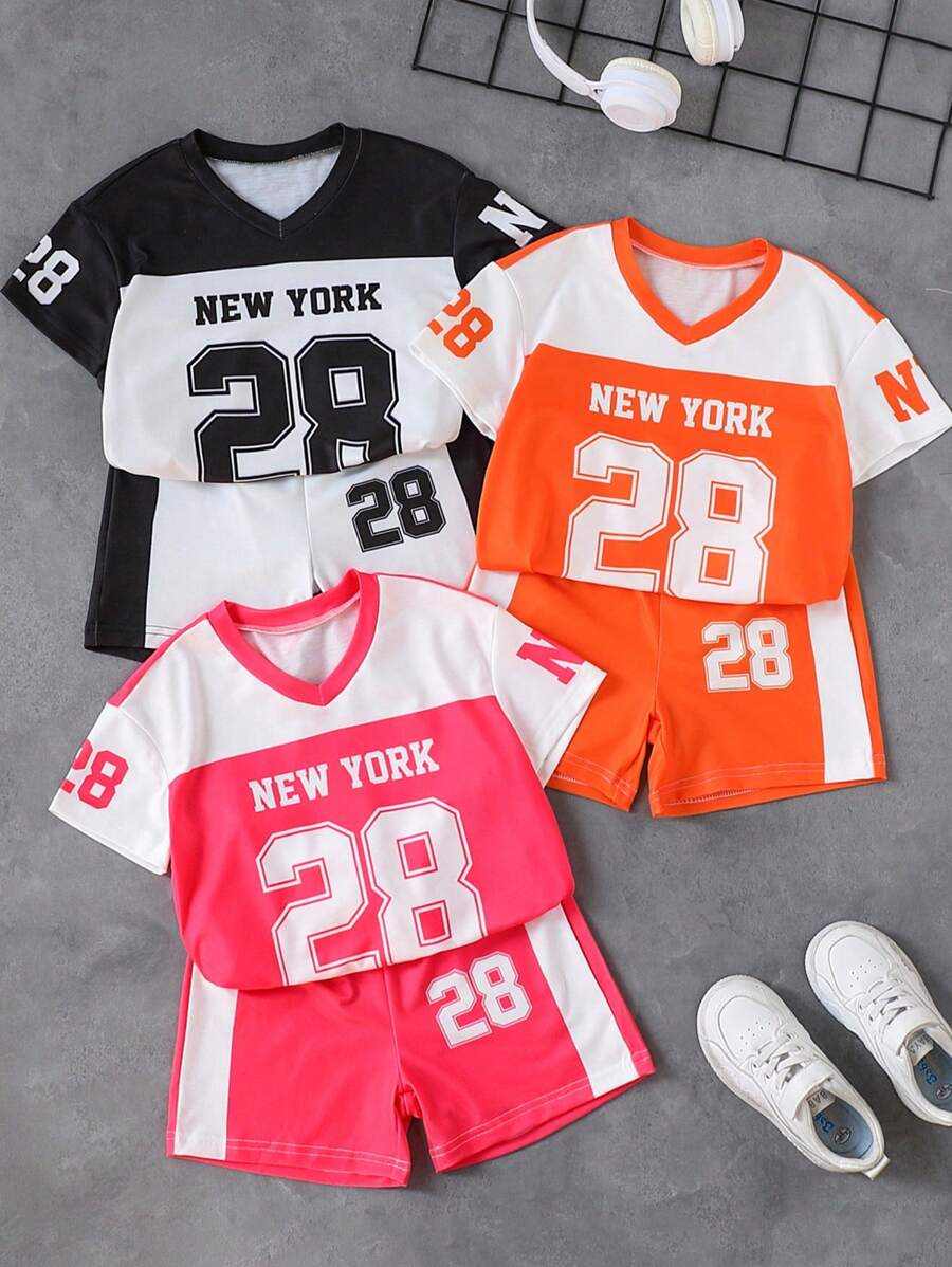 SHEIN 2pcs/Set Girl Letter Print Short Sleeve T-Shirt And Shorts
