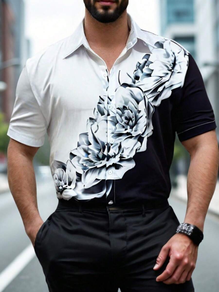 Manfinity Homme Chemise décontractée à manches courtes à imprimé floral pour homme, pour le printemps et l'été, convient pour le mari, le travail
