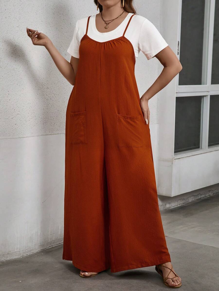 SHEIN LUNE Plus Size Women's Solid Color Dual Pocket Wide Leg Jumpsuit
