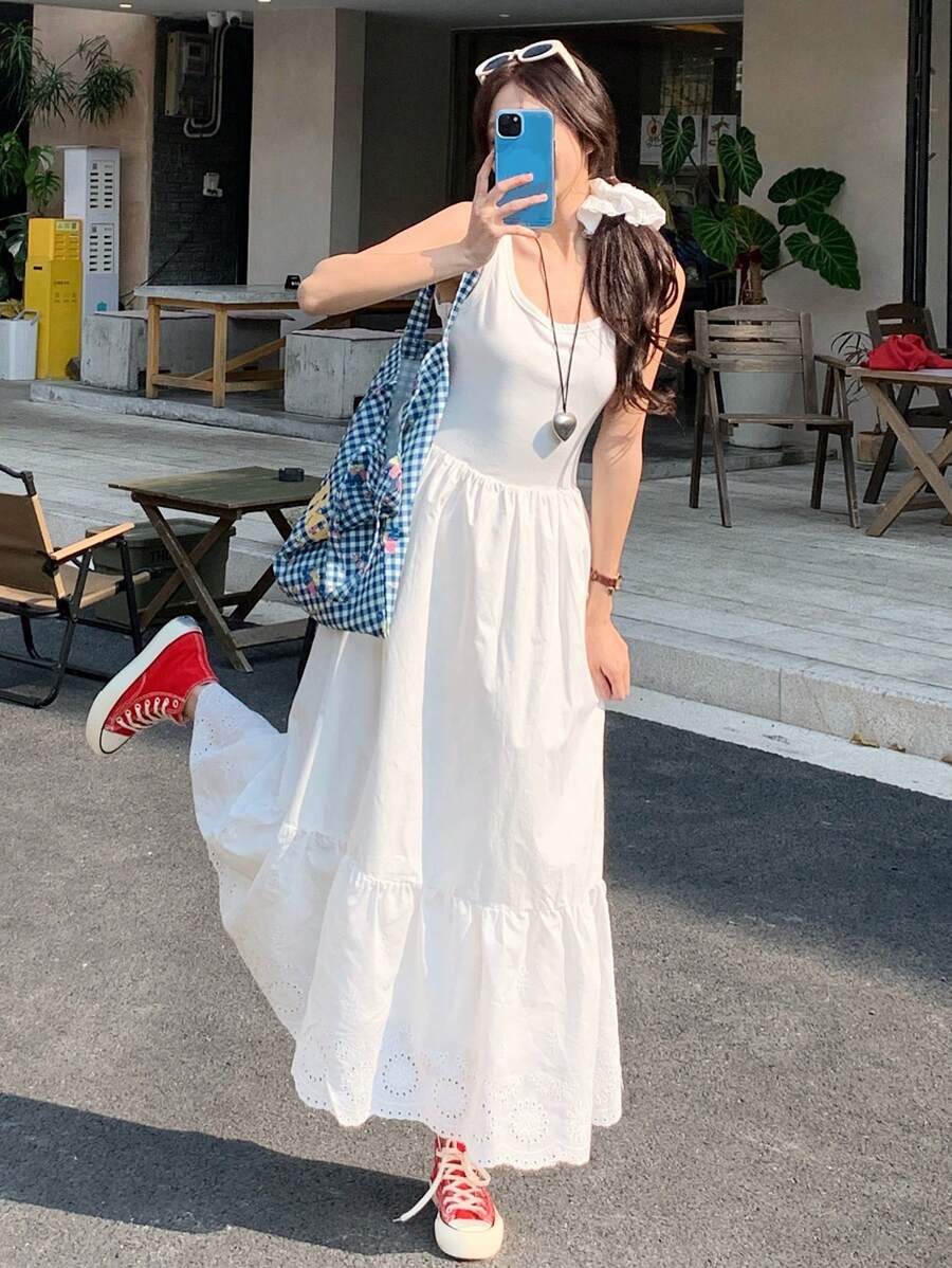 DAZY Women's Vacation Casual Solid Color Hollow Embroidery Sleeveless Dress Summer