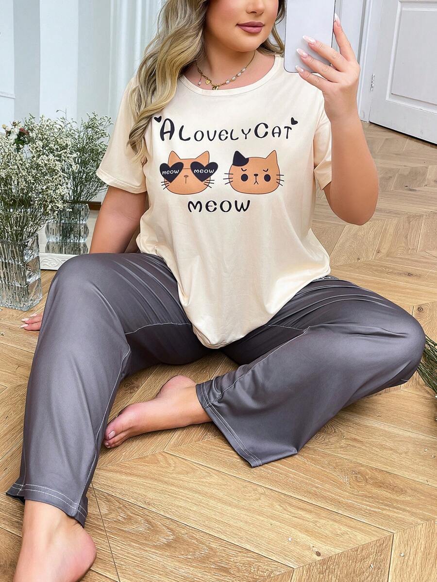 Conjunto de pijama de 2 piezas de camiseta de manga corta y pantalones con estampado de gatito lindo talla grande para mujer