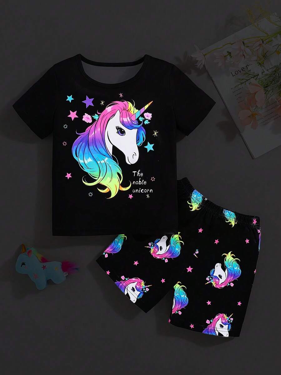 Young Girl 2pcs Unicorn Luminous Print Pajama Set, Short Sleeve T-Shirt & Shorts, Summer Spring, Black Base