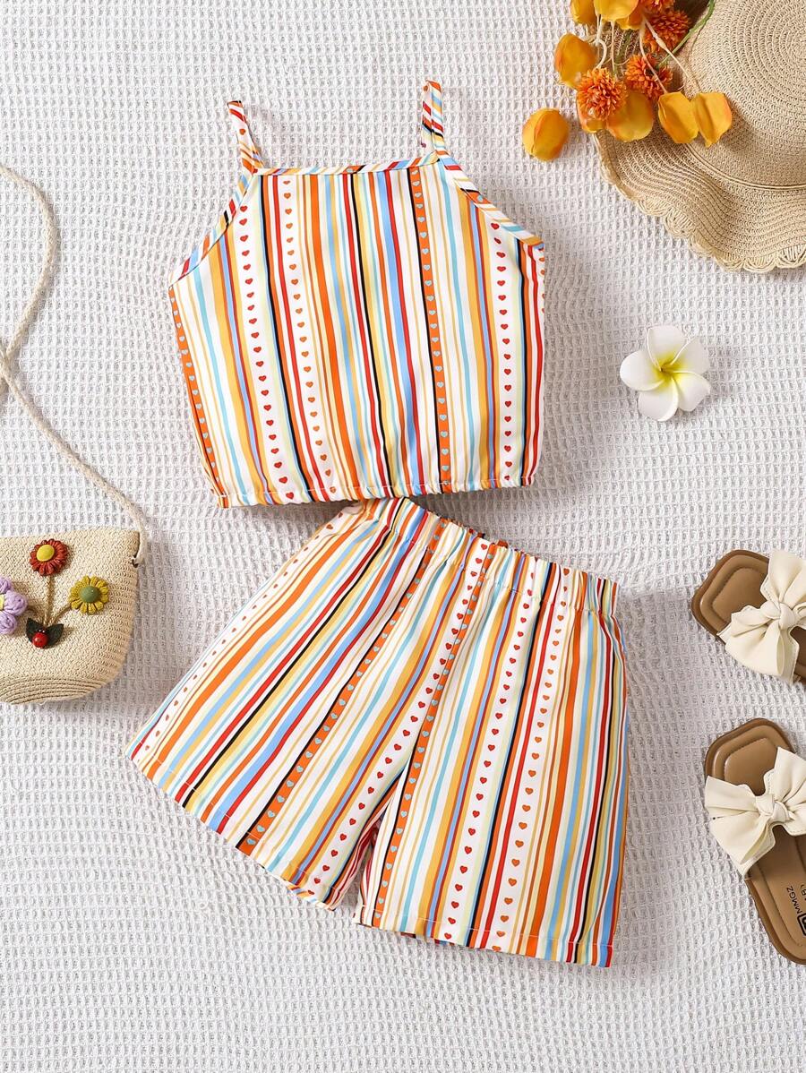 Young Girl Vacation Casual Stripe Camisole And Shorts 2 Pieces Set
