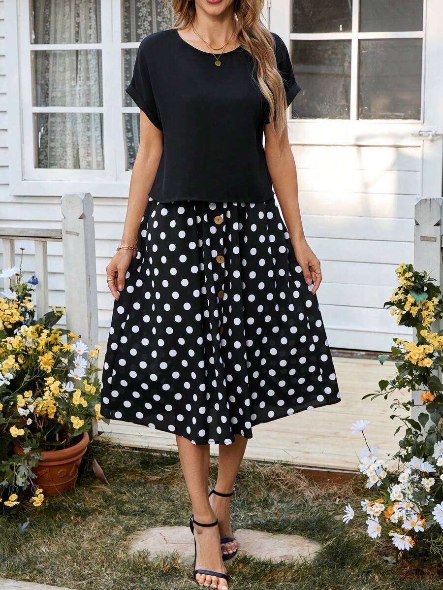 EMERY ROSE 2pcs Women Casual Minimalist Daily Short Sleeve Top & Skirt Set