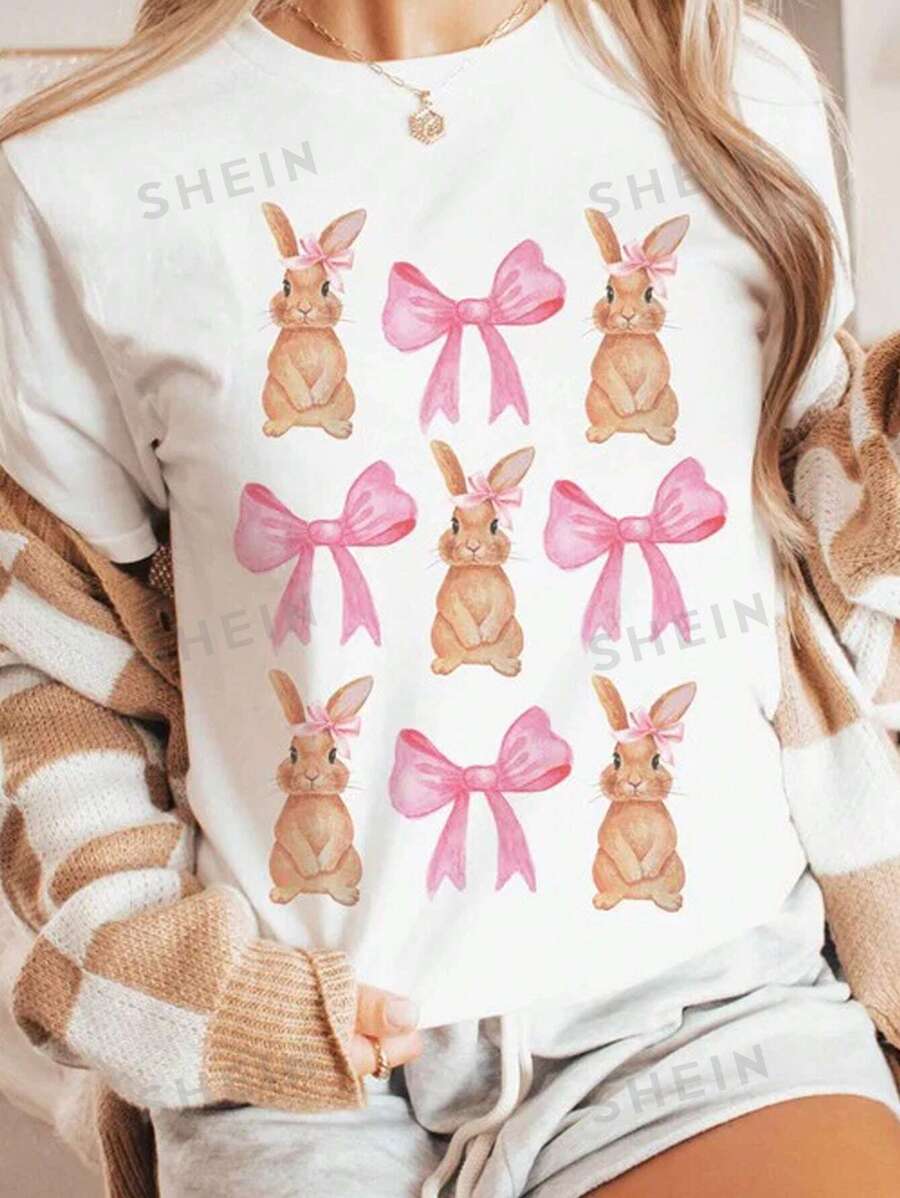 INAWLY Camiseta redonda de mujer con estampado vintage de conejo rosa y lazo