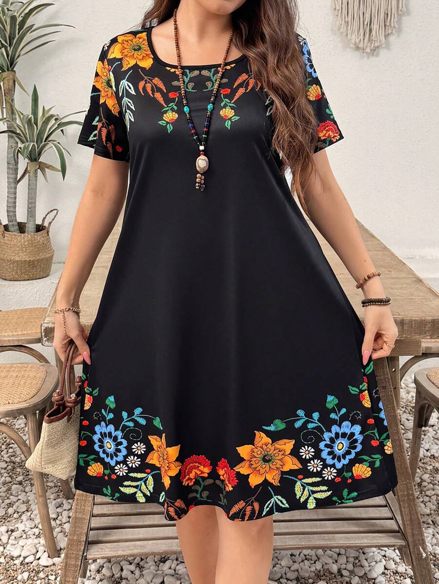 EMERY ROSE Plus Size Women Floral Print Patchwork Round Neck Short Sleeve Casual A-Line Mini Dress For Summer