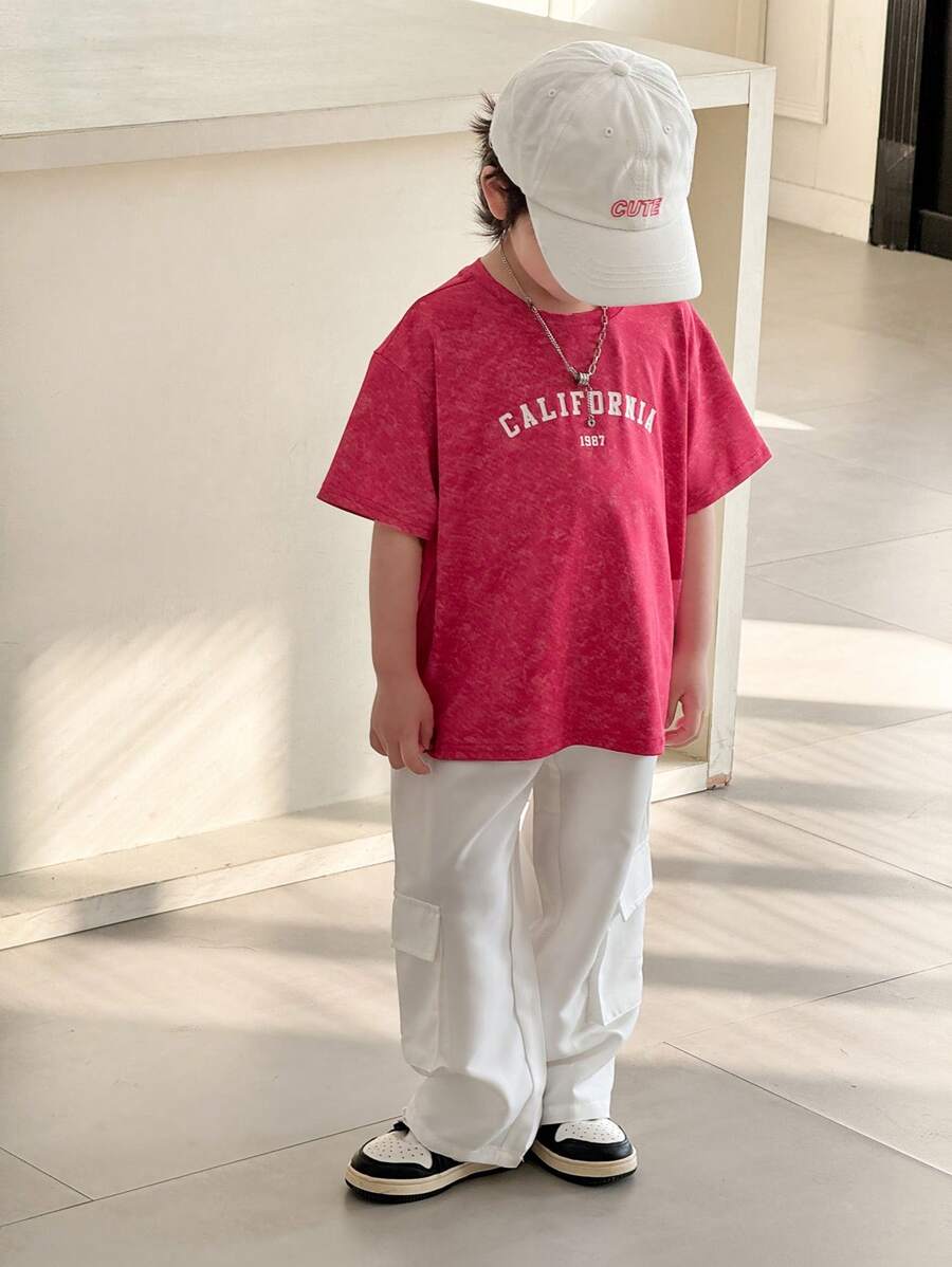 2pcs/Set Tie Dye Design Young Boy Casual Loose Fit Round Neck Short Sleeve T-Shirt And Solid Color Drawstring Waist Pockets Cargo Pants Outfit