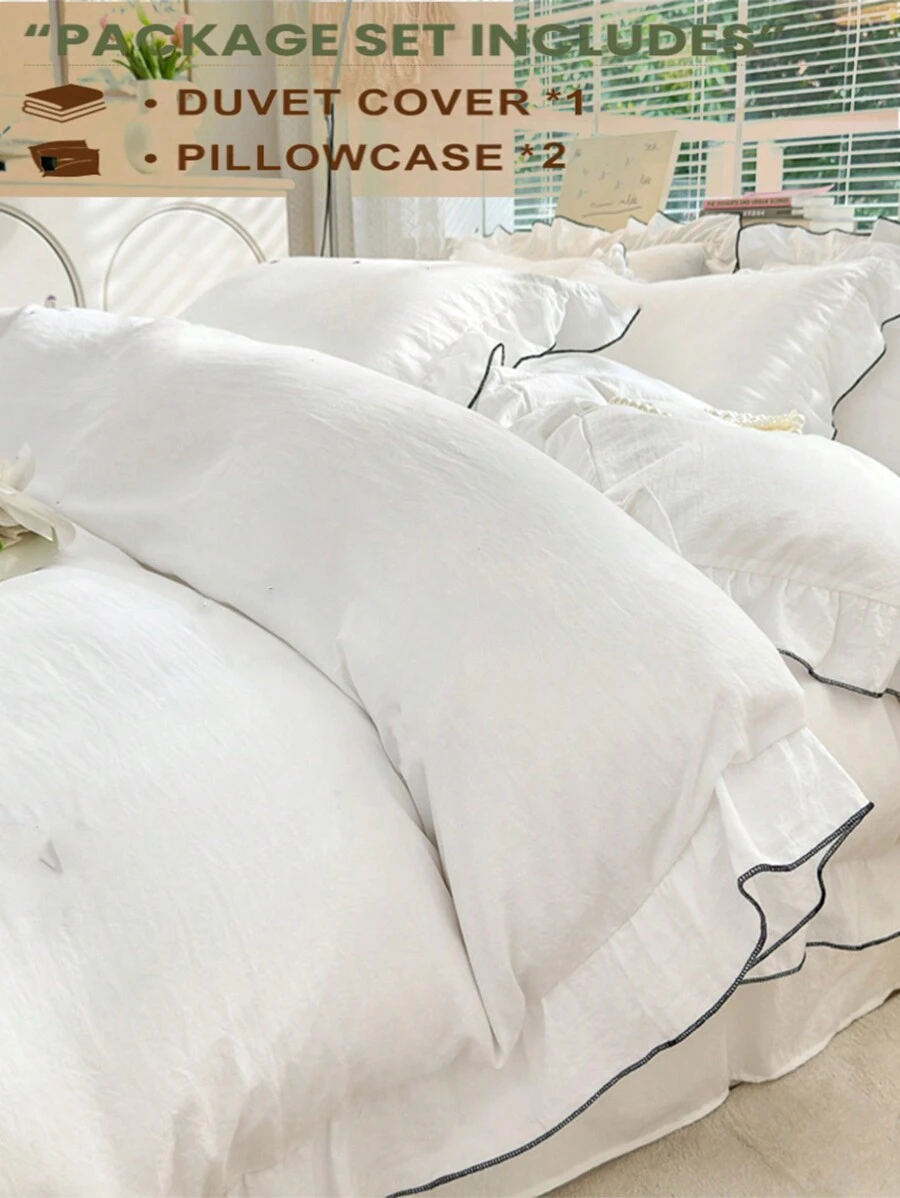 Juego de 3 piezas de ropa de cama con borde floral blanco para dormitorio, 2 fundas de almohada y 1 cubierta de edredón, lavable a máquina, sin relleno