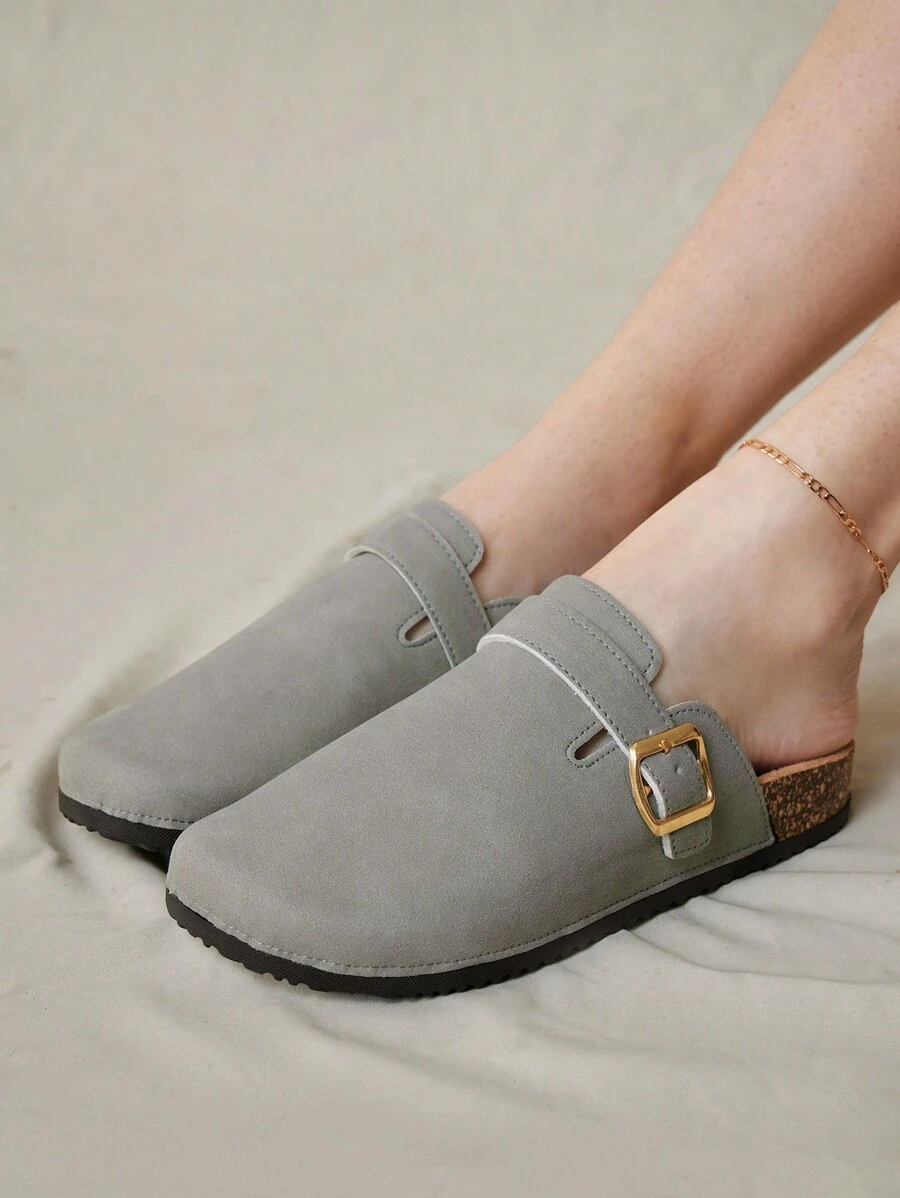 Solecia Women's Fashion Gray Mule Flats With Metallic Side Buckle, Slip-On Rubber Sole For Commute, Date, Party, Home, Outdoor, Holiday Spring Shoes Spring Break Easter