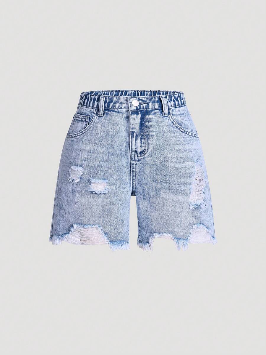 SHEIN Distressed High Waist Slim Fit Frayed Hem Girls Denim Shorts