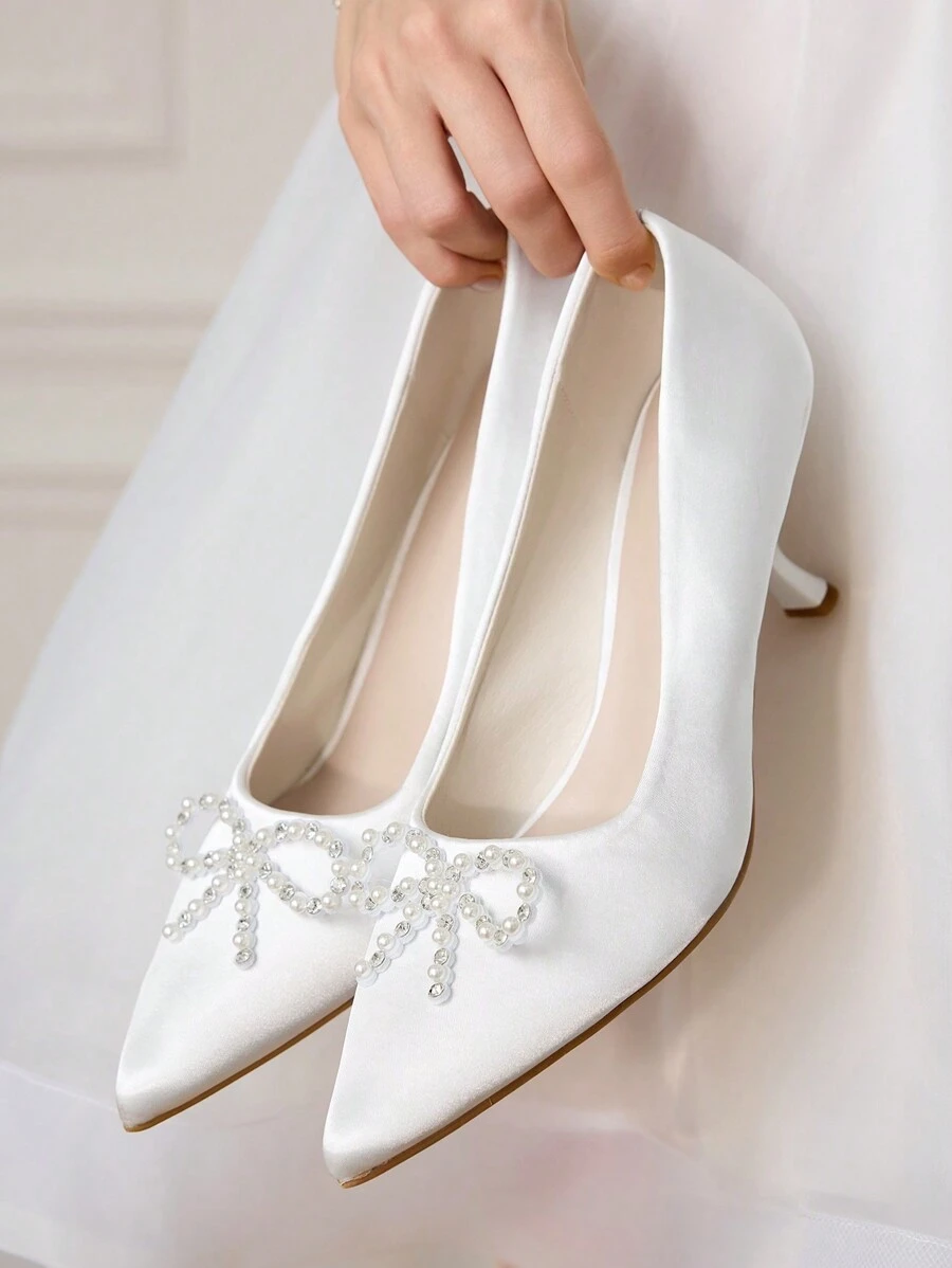 CUCCOO HITCHD Zapatos de tacón alto de satén blanco con rhinestones en forma de lazo - Zapatos sexys, elegantes, casuales para vacaciones, fiesta, San Valentín, cita, boda y banquete para mujeres