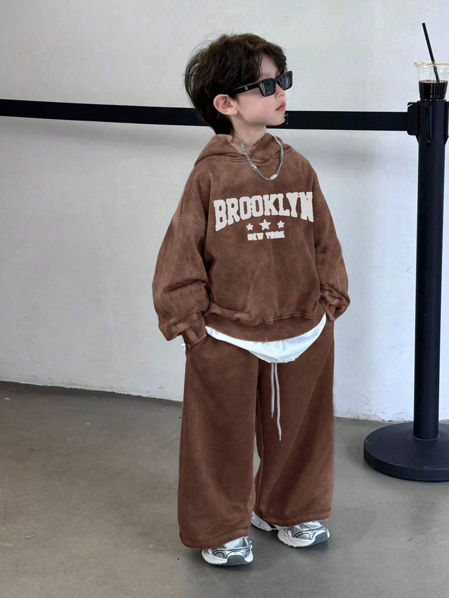 SHEIN Set de 2 piezas con sudadera con capucha y estampado de copos de nieve + pantalón de chándal de cintura elástica de unicolor, adecuado para niño/niña, fiestas de cumpleaños, baby shower, adecuado para otoño/invierno interior y exterior