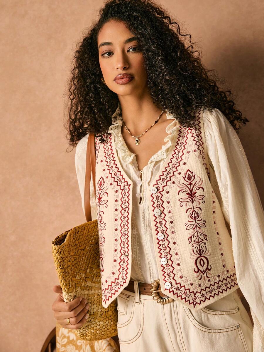 Poéselle Abrikoos katoenen geborduurd tanktopje, concert damesoutfit, delicaat en comfortabel, geschikt voor alle seizoenen, zomer damesoutfit, strand damesoutfits, 1st dames mouwloos casual tanktopje met knoopdetail aan de voorkant, Boho