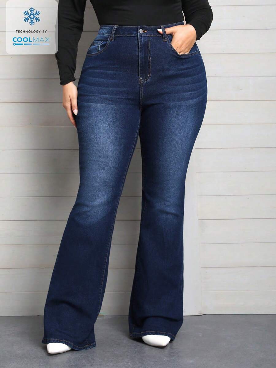 SHEIN Privé Coolmax Plus Size Women's Long Stretch Denim Flare Pants