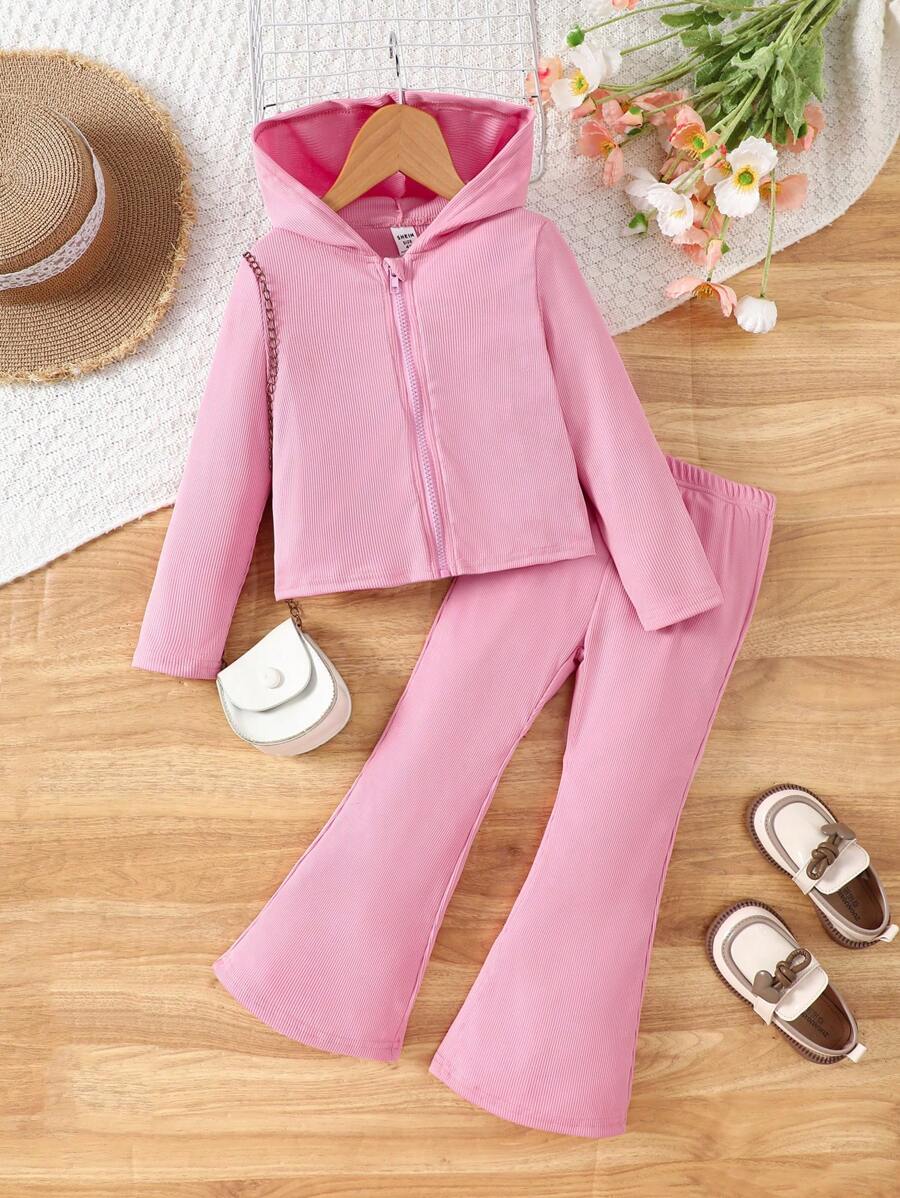 2 pièces Set mode jeune fille: Veste courte à capuche décontractée de couleur unie et pantalon long évasé