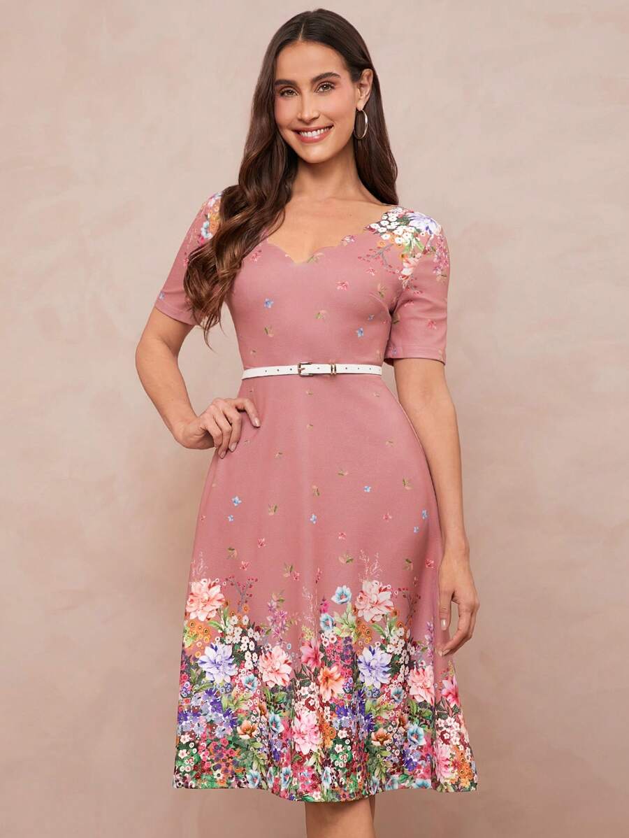 SHEIN Clasi Women's Floral Print V-Neck Dress With Defined Waist,Pastel Dresses For Women