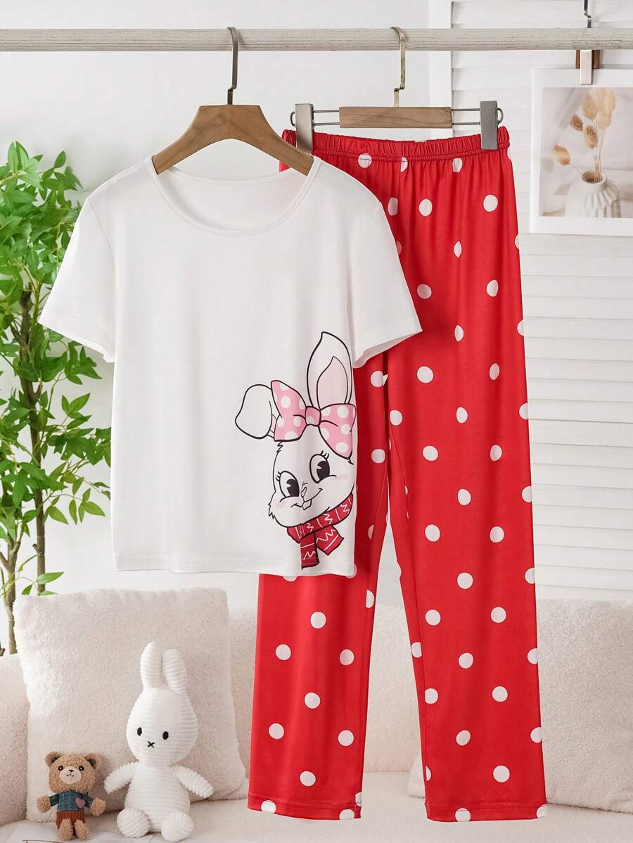 Conjunto de ropa de dormir para niñas con diseño lindo de conejo de dibujos animados y lunares