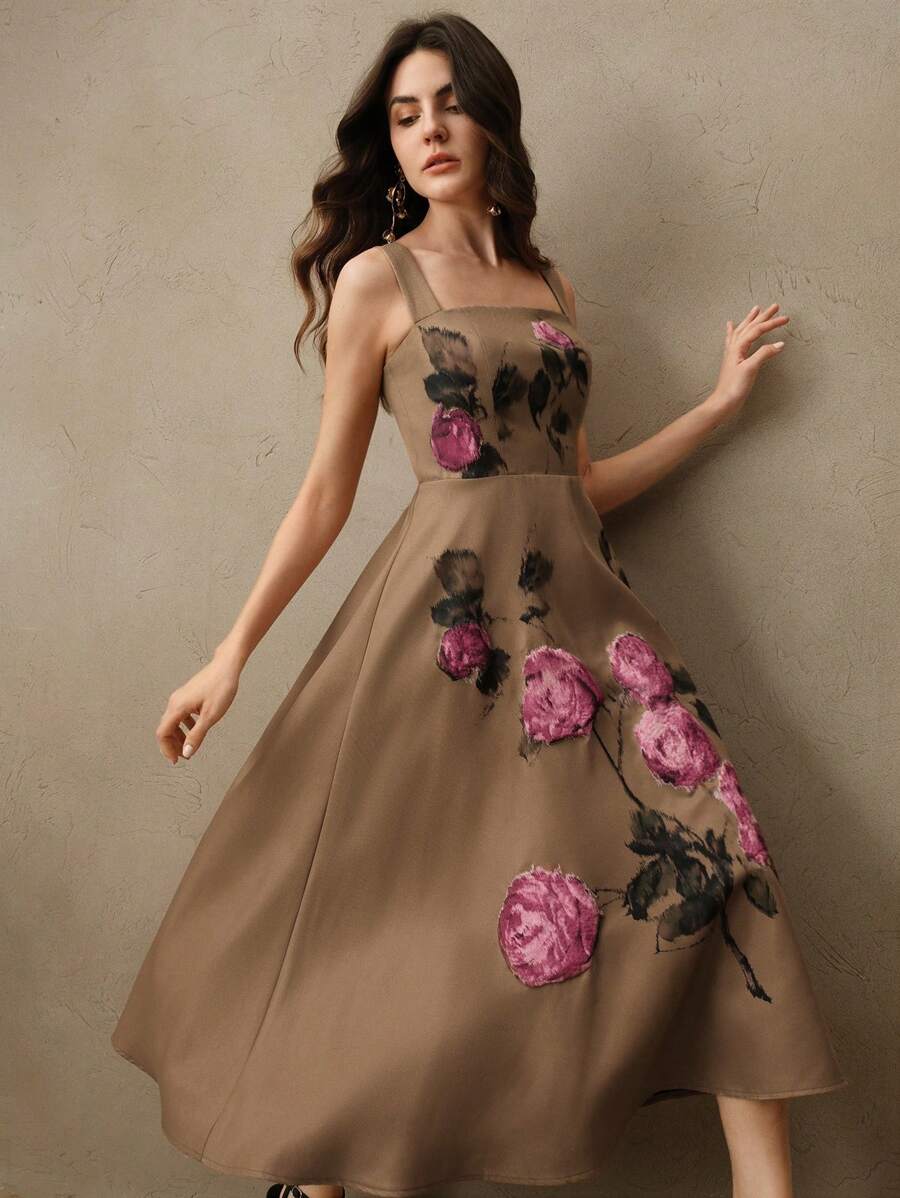 Anewsta Vestido sin mangas con estampado floral 3D en relieve de estilo de vacaciones, vestido floral de mujer para primavera/verano