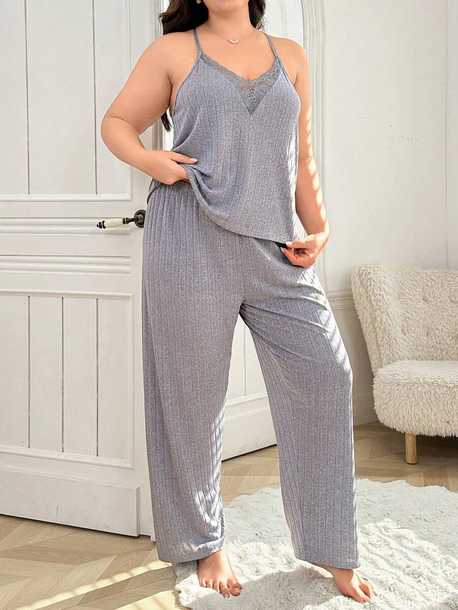 Ensemble pyjama jogging en tricot avec patchwork de dentelle, grande taille
