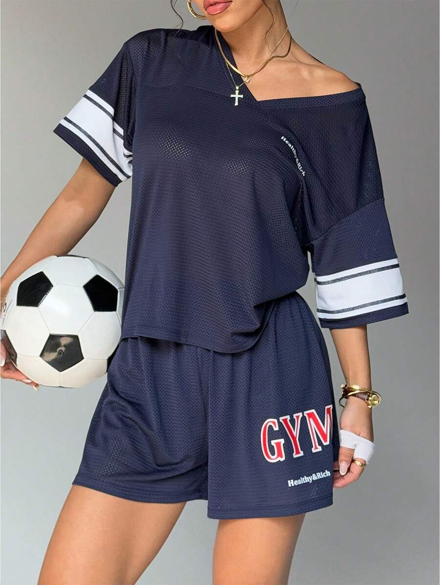 SHEIN Sport Studio Vrouwen gestreepte korte mouw top en shorts yoga tennis casual sport 2-delige set