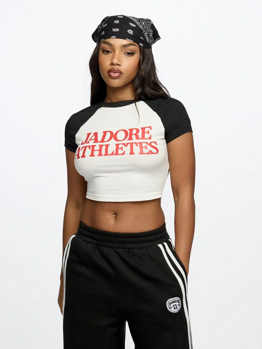 SUMWON WOMEN Athletes Crop Top Baby Tee Raglan Style Retro Athletics Gym Sports Workout Tee Urban Streetwear Fashion Statement