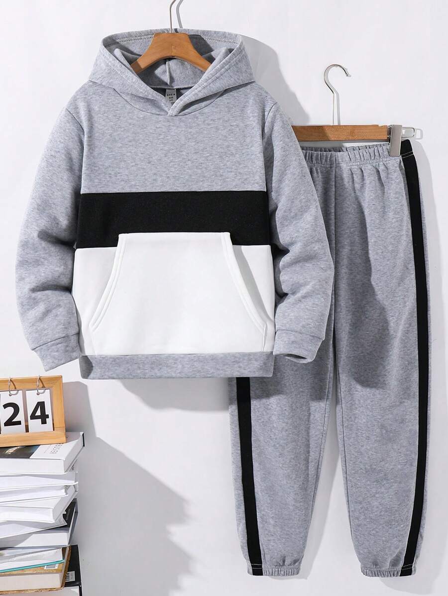 SHEIN Tween Boys Multi-Fabric Hooded Zip-Up Cardigan And Drawstring Pants Set, Can Be Matched With Boys Thanksgiving, Christmas Outfits