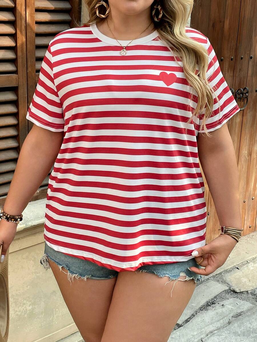 SHEIN VCAY Parte superior de punto de manga corta con bloques de color y rayas tipo bohemio, talla grande, estilo de verano