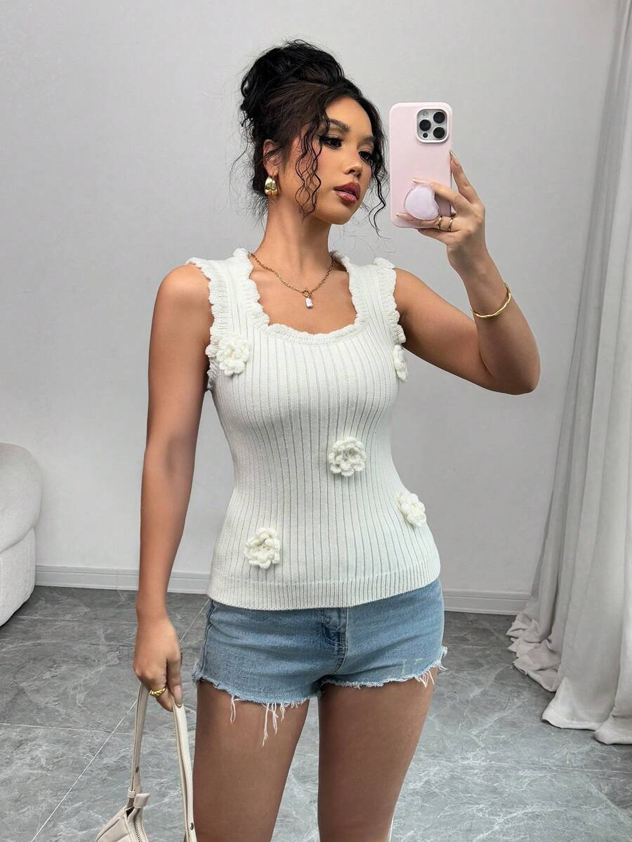 Chiquease Women Solid Color 3D Floral Decor Sleeveless Knit Top