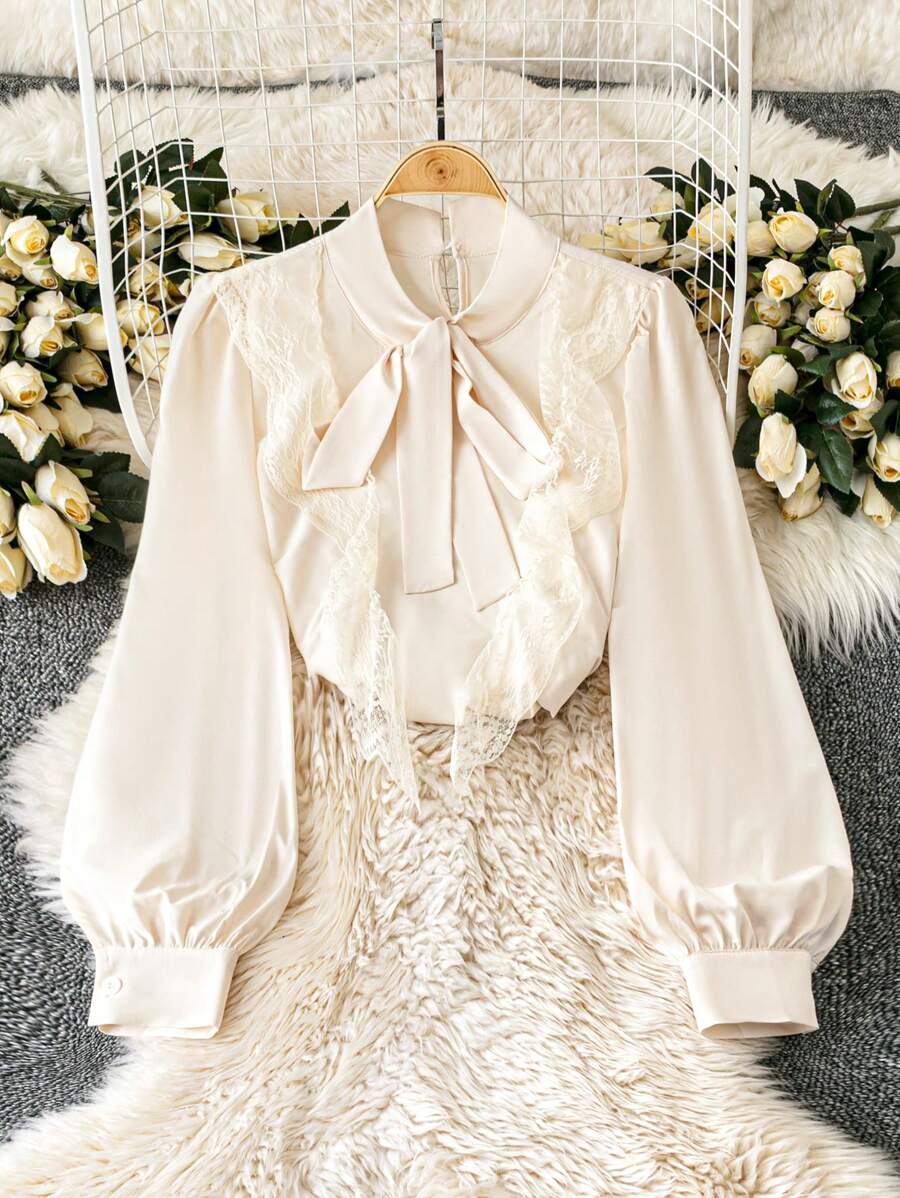 Calvaya Elegant Bowknot Lace Trim Slim Fit Long Sleeve Blouse