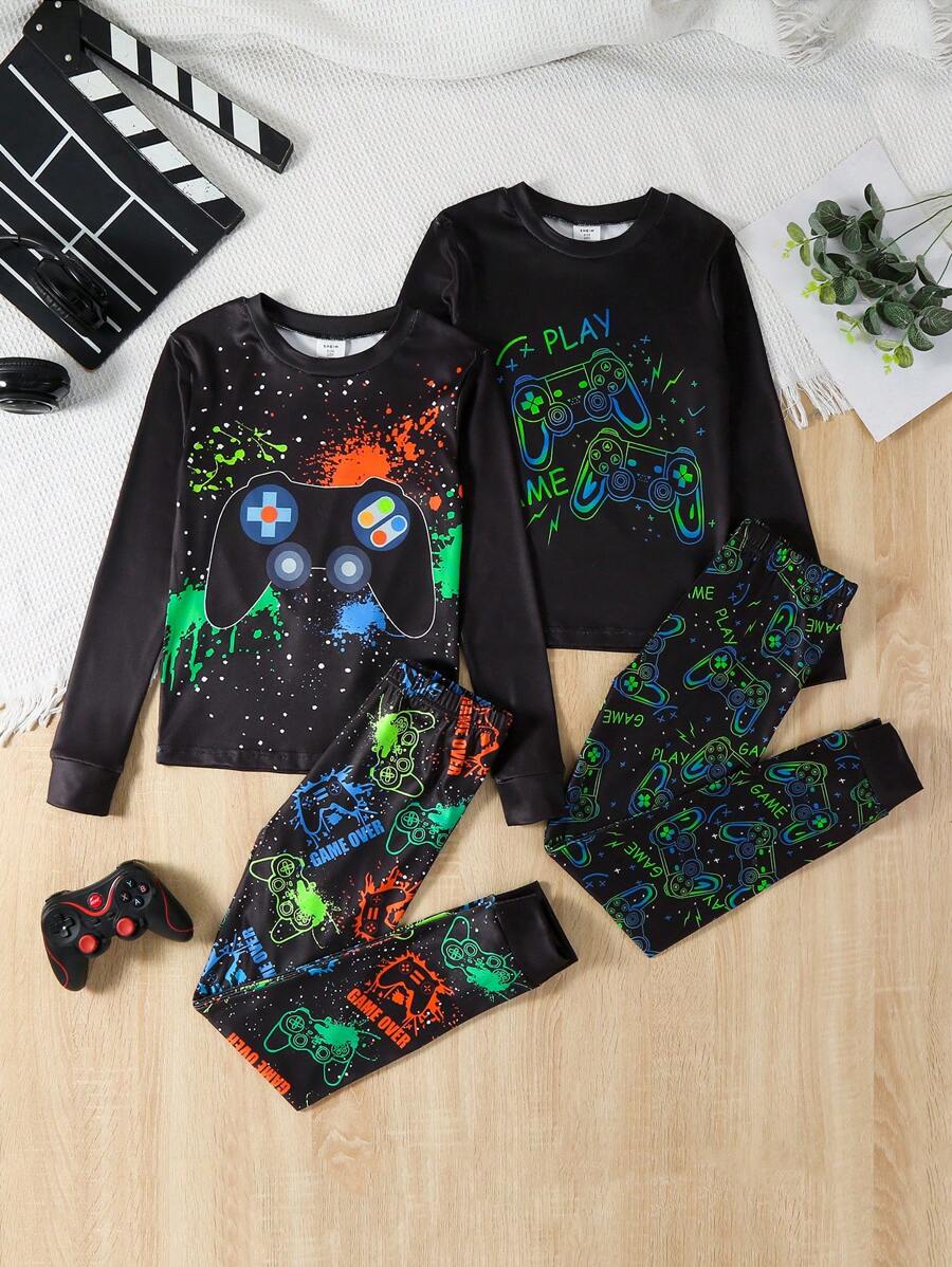 Conjunto de 4 piezas de pijama ajustado para niños preadolescentes - Camiseta de manga larga y pantalones con estampado gráfico de juegos de estilo sobre fondo negro