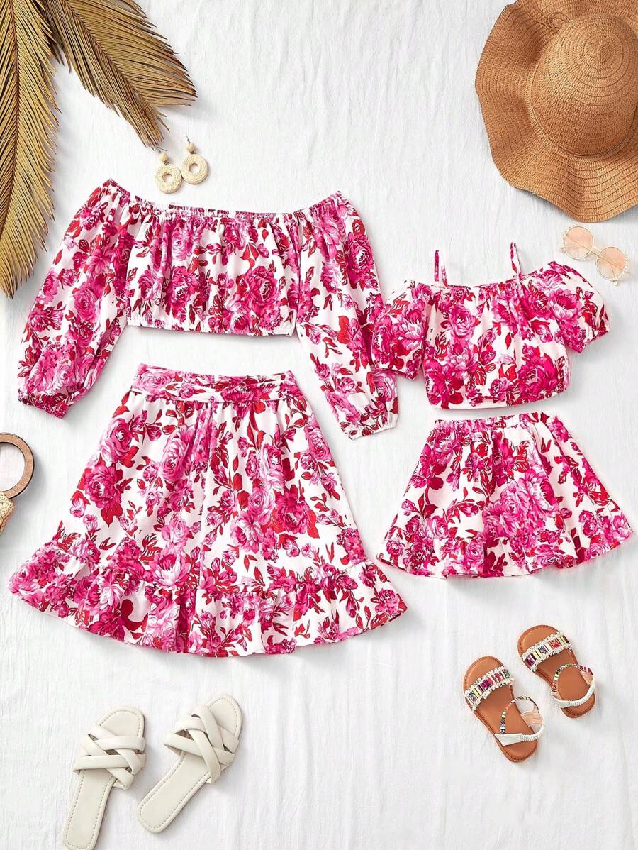 SHEIN Baby Girl Summer Vacation Matching Family Outfit, Mother And Daughter Floral Pattern Camisole Top And Midi Skirt Set