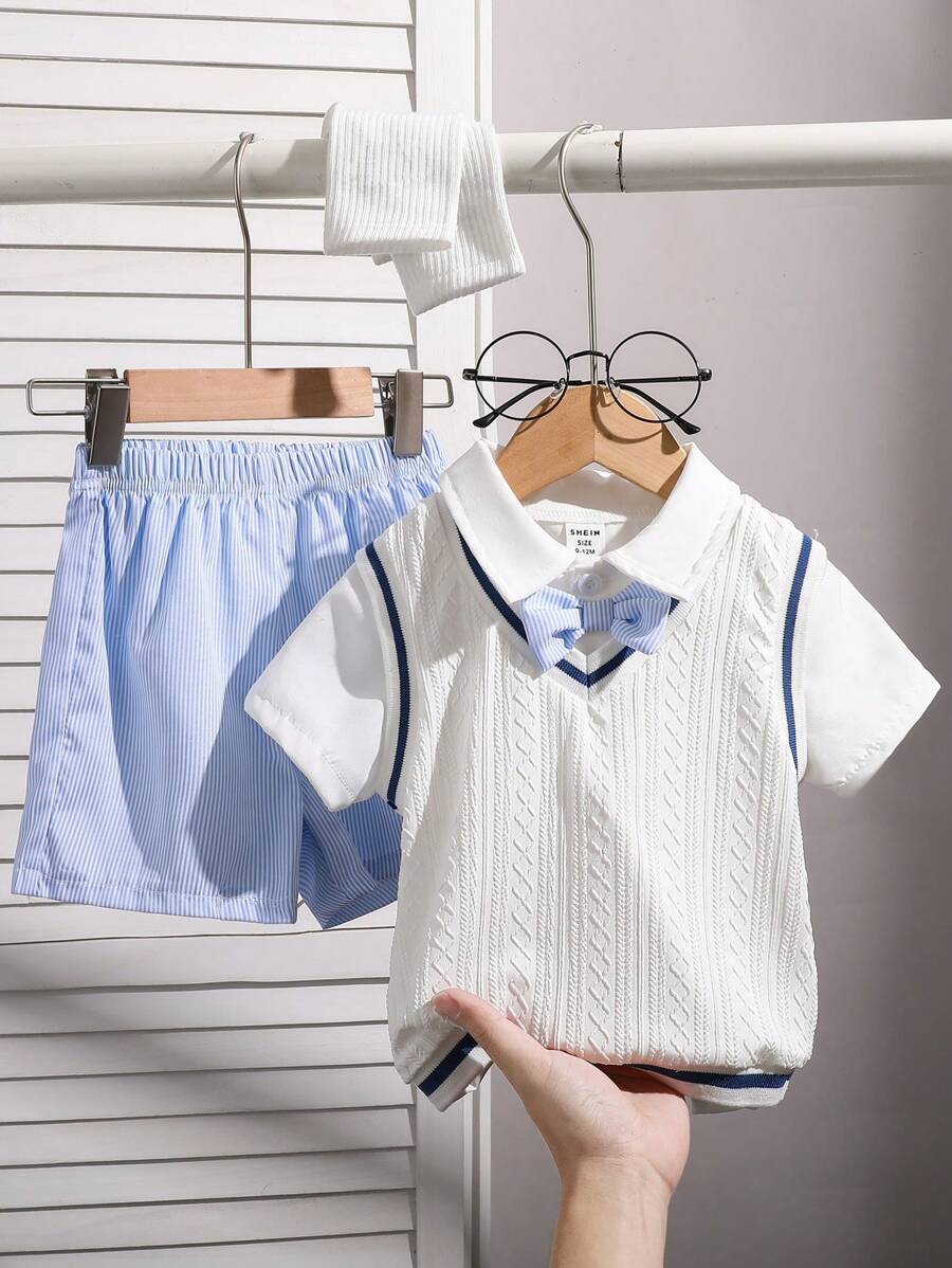 Set de 3 piezas de camisa blanca, chaleco y pantalones cortos para bebé/niño, con look de caballero y lindo, para salidas, fiestas y sesiones de fotos