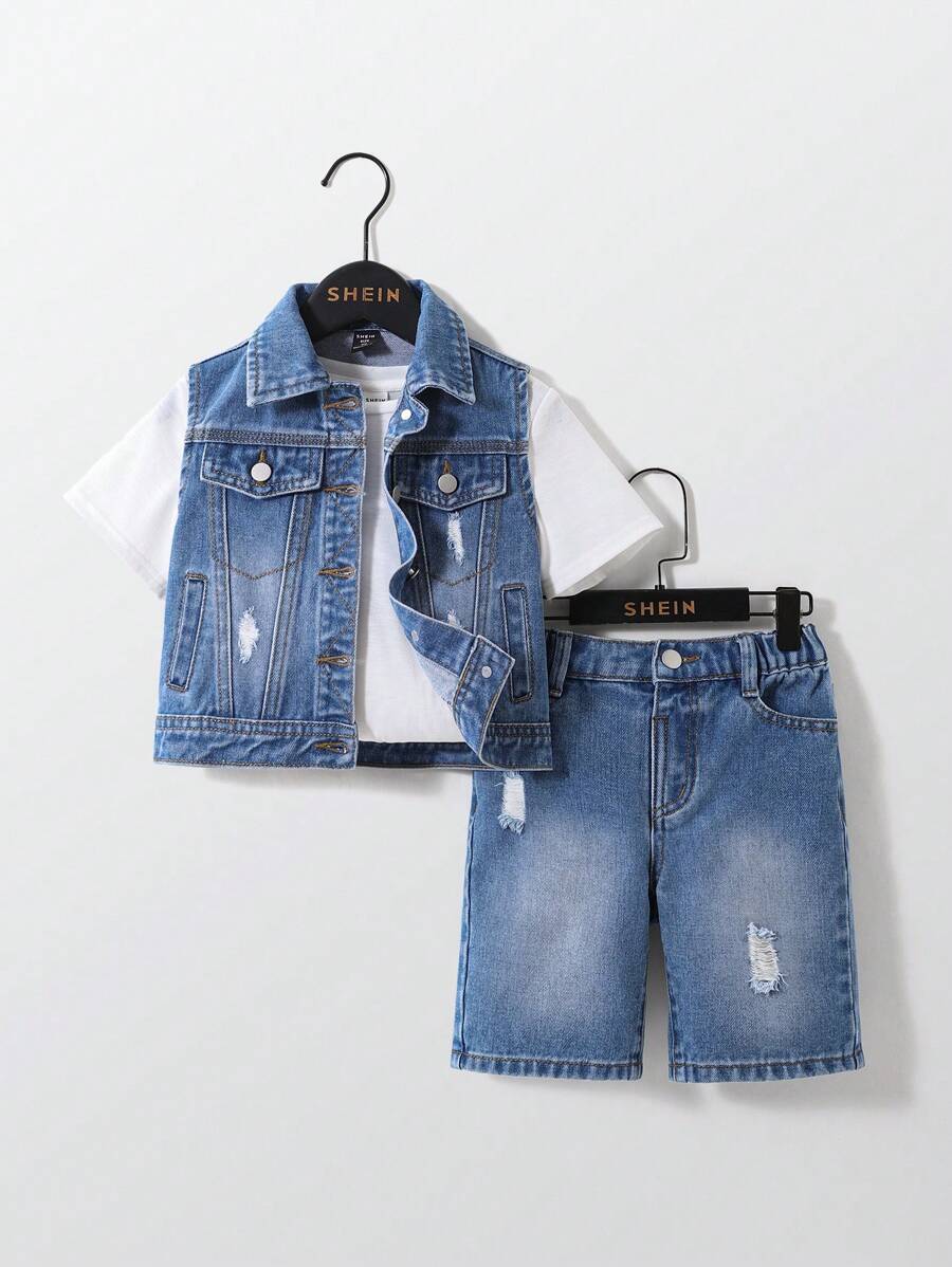 Set de 2 pantalones cortos de mezclilla casual con estilo urbano y callejero para niños pequeños, con cintura elástica y efecto desgastado
