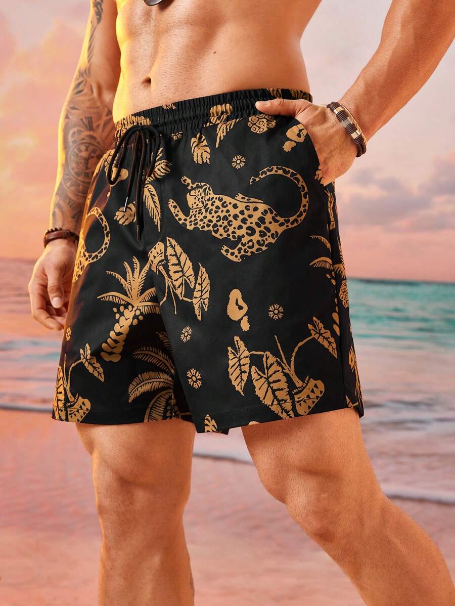 EASEVO Plus Size Men's Loose Casual Black Woven Shorts With Plant & Animal Prints