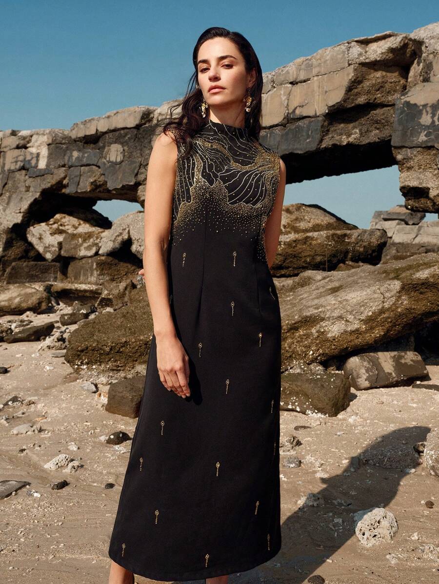 Anewsta Women's New Fashion Elegant Rhinestone Sleeveless Ball Gown Dress