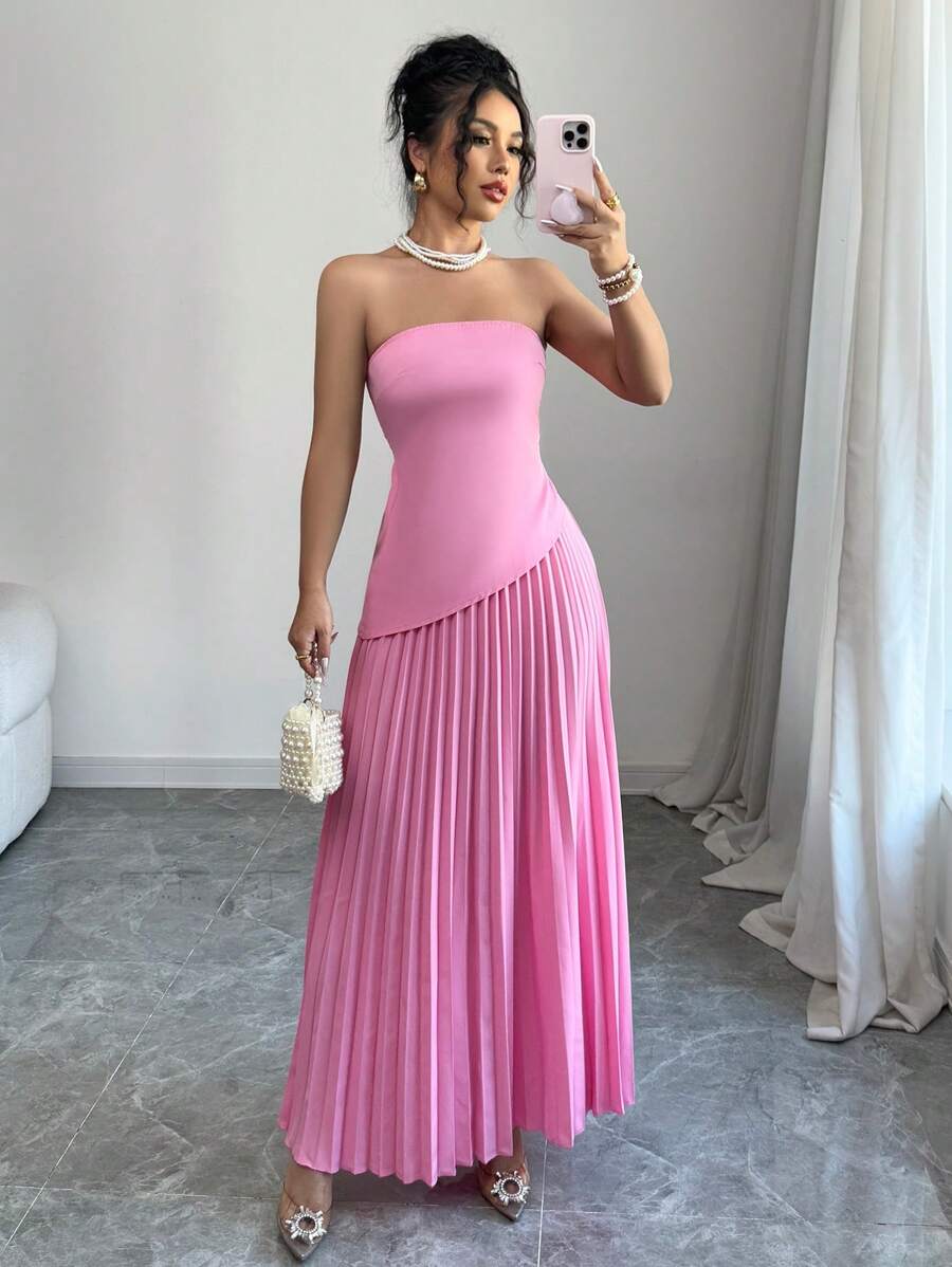 Elenzga 2pcs Women Bandeau Top & Pleated Skirt Set