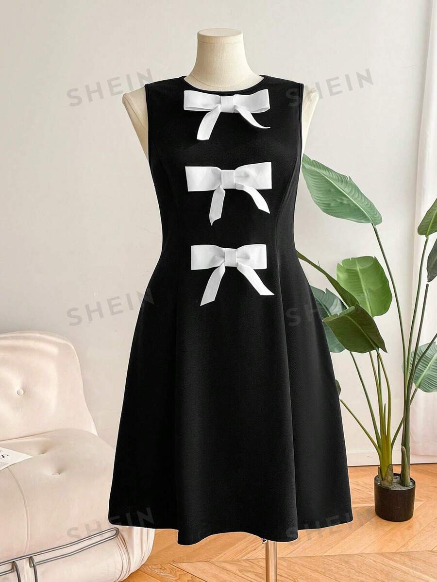 SHEIN Frenchy Vestido negro de mujer talla grande con cuello redondo y decoración de mariposa, elegante y de moda para uso diario, fiestas de boda, primavera/verano