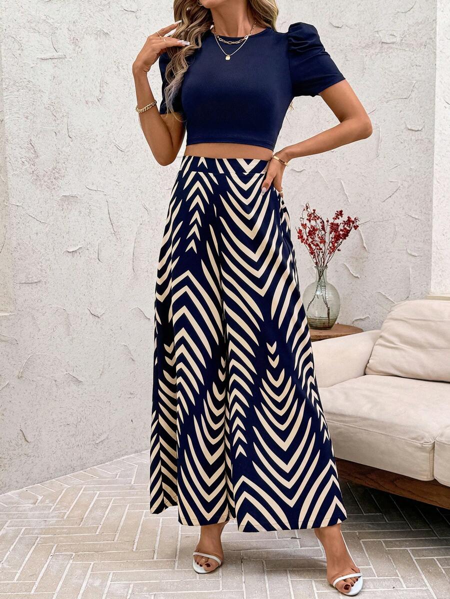 SHEIN Clasi Clasi Women Crew Neck Ribbed Crop Top & Wide Leg Pants Suit, Abstract Print, Spring Summer Casual Vacation Elegant 2pcs Set