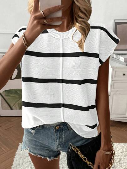 SHEIN LUNE Women's Autumn/Winter New Casual Loose Round Neck Drop Shoulder Sleeveless Knitted Vest Sweater, Stylish Striped Color Block Pullover