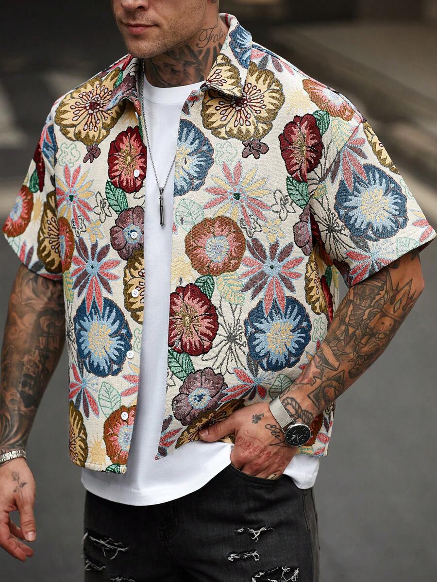 Manfinity Homme Men's Casual Daily Wear, Perfect For Seaside Vacations, Featuring An INS-Style Loose Casual Shirt With A Creative Colorful Floral Graffiti Illustration And Asymmetrical Color-Blocking Design. This Shirt Has A Button-Up Front And Is Suited For Hawaiian Beach Getaways, Music Festivals, And Everyday Wear, Making It An Ideal Gift For Boyfriends Or Husbands