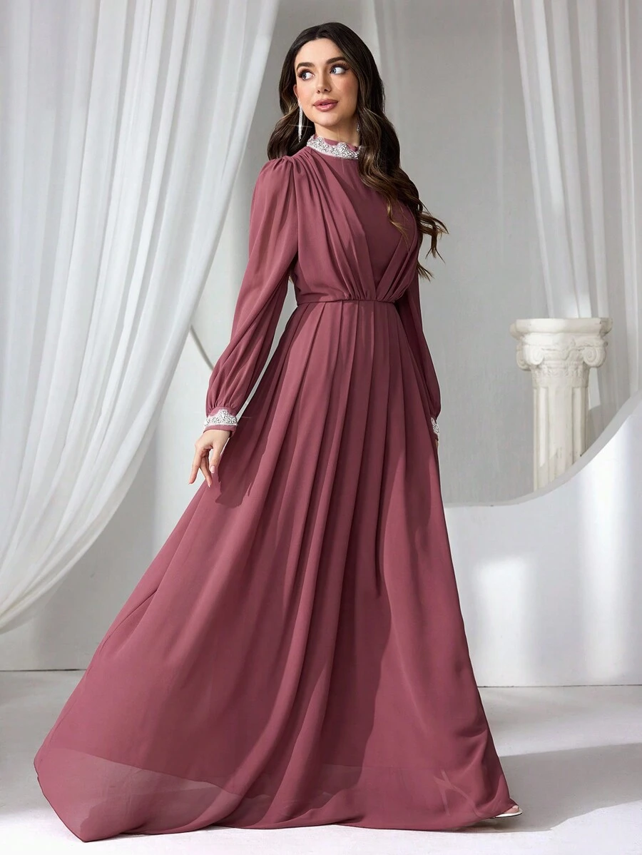 Coutiva Women Contrast Rhinestone Mock Neck Long Sleeve Prom Party Dress, Wedding Guest Dress, Formal Dress, Evening Dress
