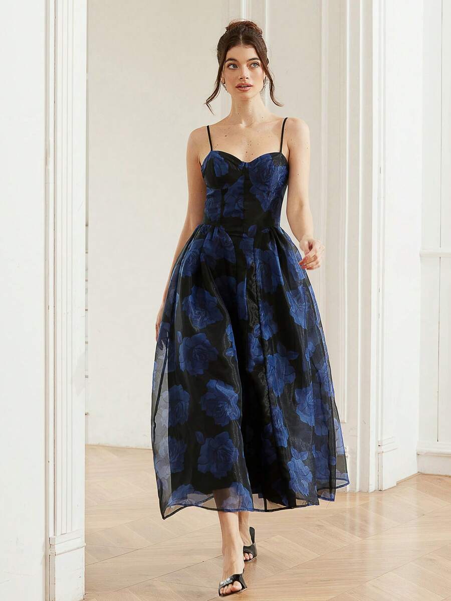 Aveloria Rosie Abito elegante da donna in organza con maniche lunghe senza maniche, stampa floreale, orlo a tulipano, adatto per cocktail festa, vacanze, compleanni, occasioni speciali