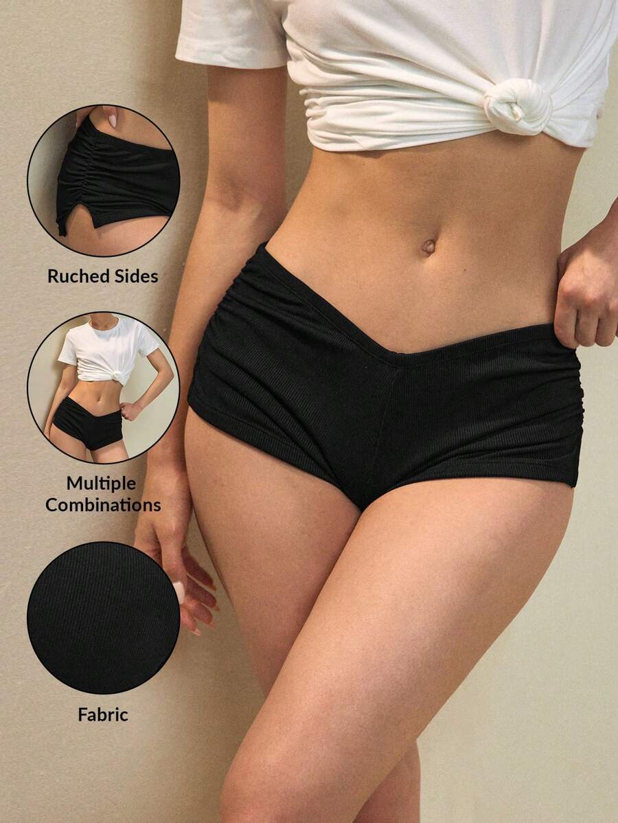 Swim Basics Summer Women's Ruffle Side Split Striped Fabric Flattering Booty Shorts Bottom, Black, For Beach, Vacation, Simple