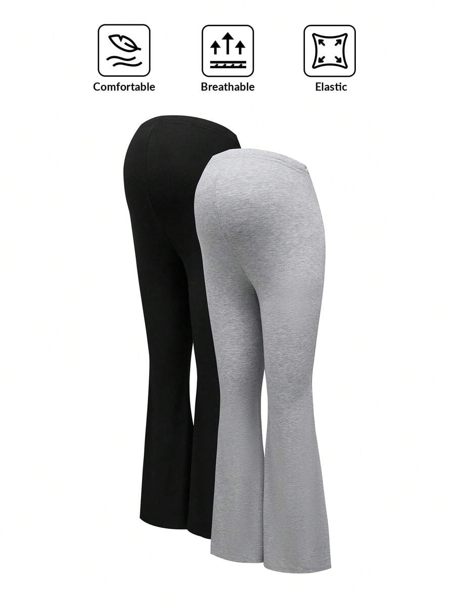 Modmama 2pcs Maternity High Waist Flared Pants, Solid Color Adjustable Waistband Pregnancy Trousers