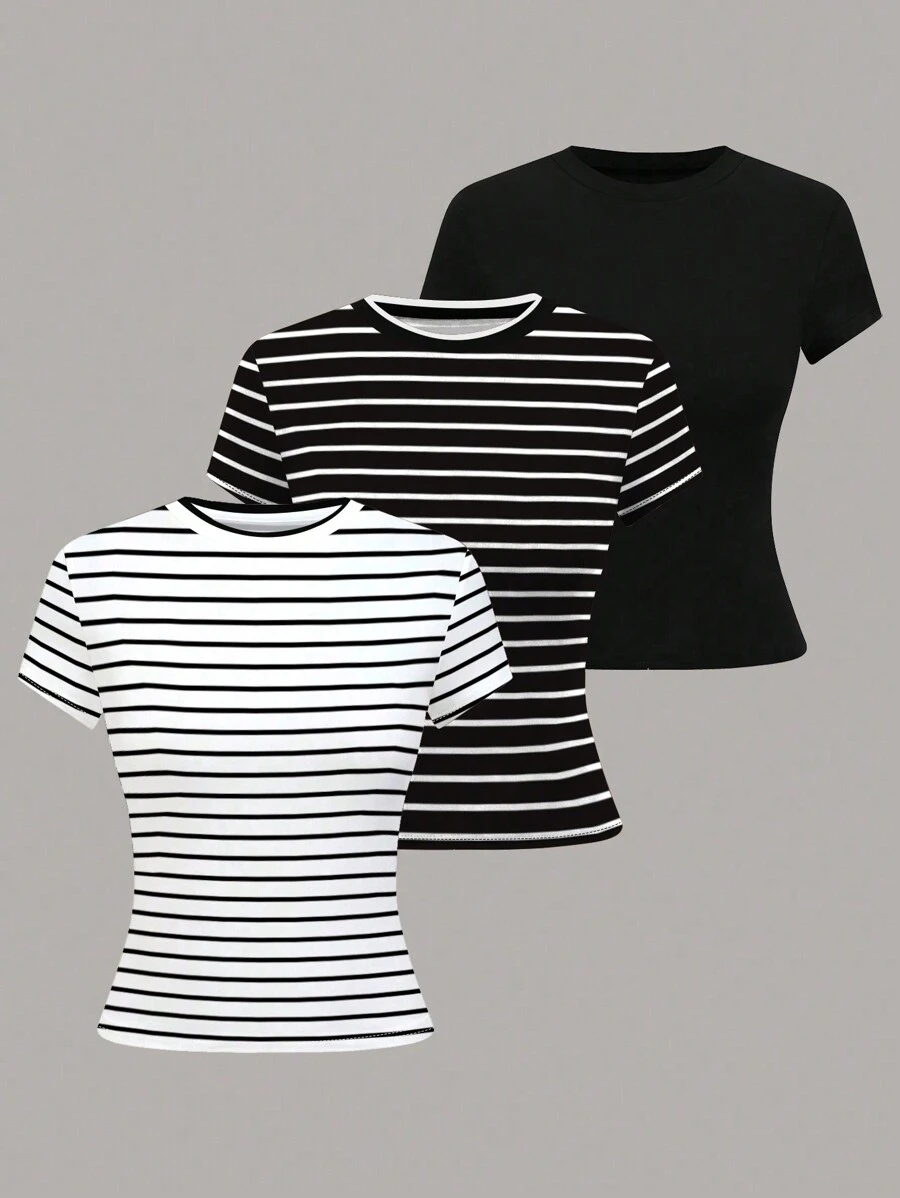 INAWLY Plus Size Women Striped Print Round Neck Short Sleeve Casual T-Shirt