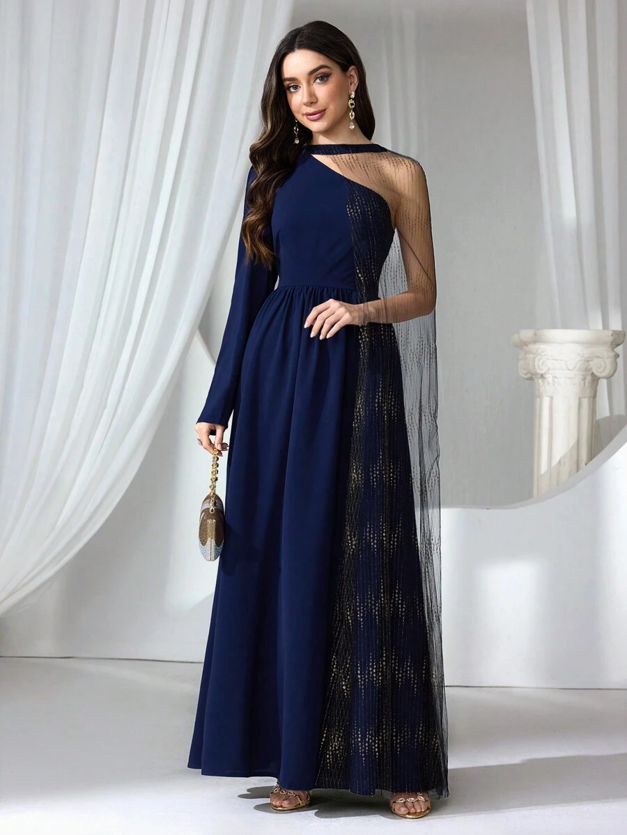 Coutiva Women New Special Patchwork Long Sleeve Formal Evening Gown, Wedding Guest Dress, Party Dress, Prom Dress