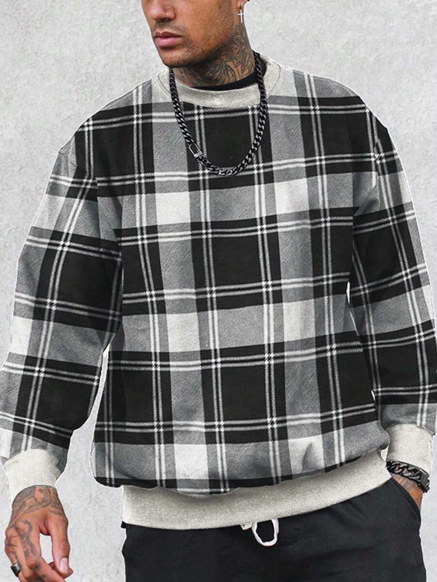 Sudadera casual de cuello redondo de manga larga a cuadros para hombre