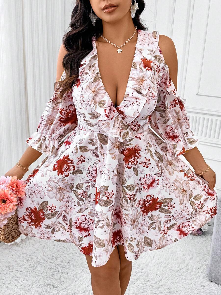 Celure Vestido de lino de talla grande para mujer, de largo midi, con mangas tres cuartos y estampado floral, elegante