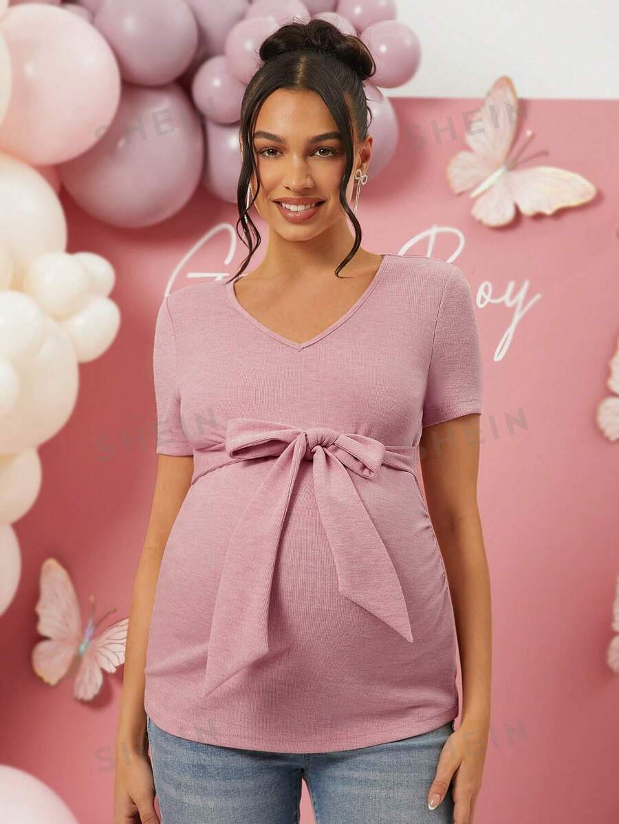 Loomaby Camisa informal de manga corta con nudo delantero en unicolor para mujeres embarazadas