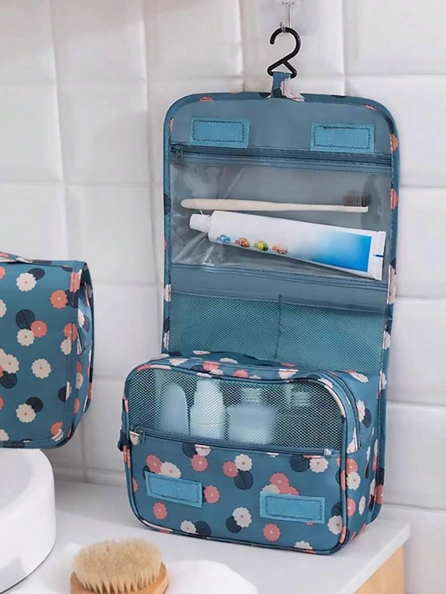 1 pieza Bolsa de aseo de viaje impermeable y grande con gancho (varios colores disponibles), bolso plegable, organizador de maquillaje de gran capacidad para maquillaje, cosméticos, afeitadoras y artículos de cuidado personal como lápiz labial, pinceles, cuidado de la piel, teléfono móvil, monedas, artículos pequeños, para el hogar, regalo, vacaciones, uso multifuncional, estilo bohemio